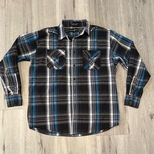 BEVERLY HILLS POLO CLUB Men's Blue and Black Plaid Button-Down Shirt L